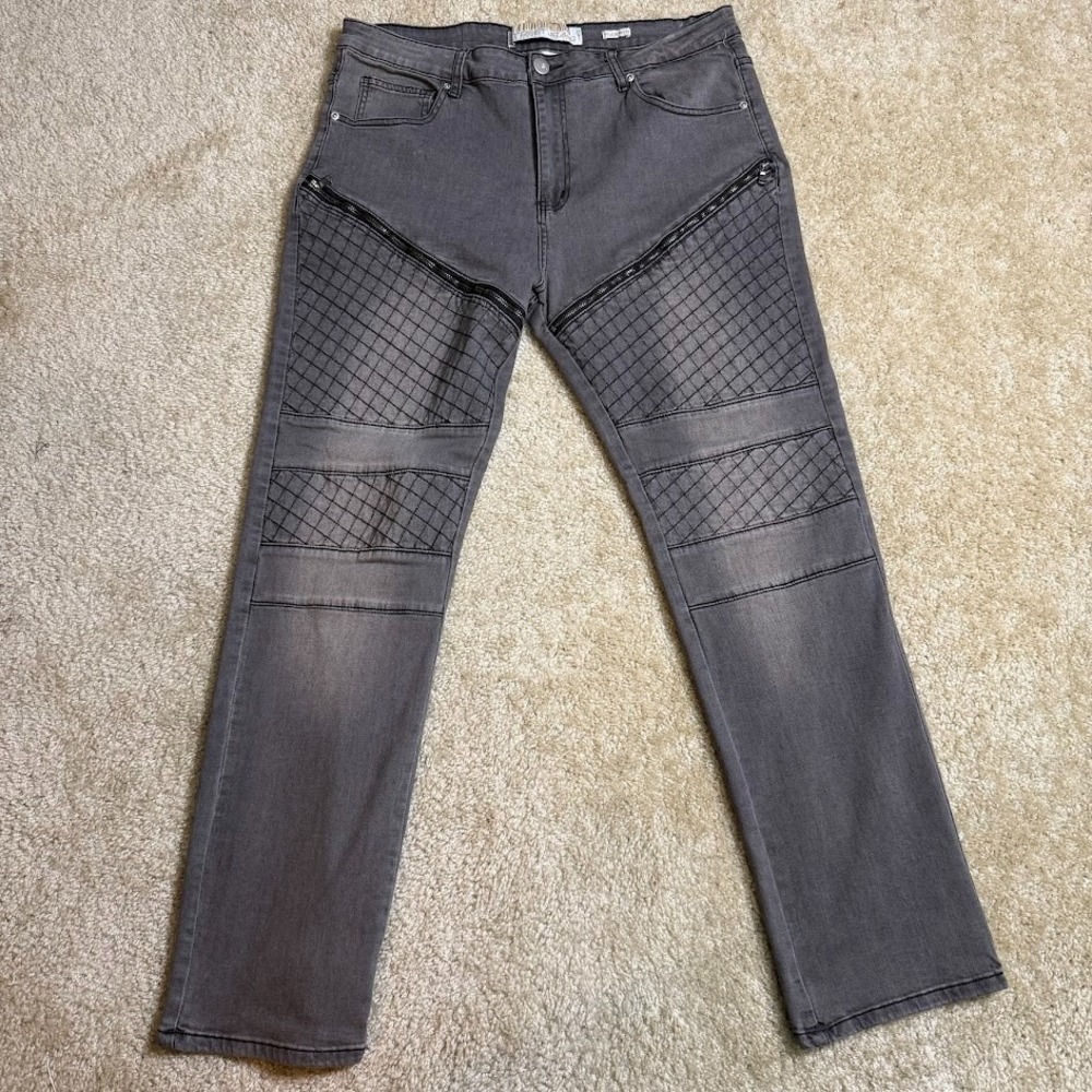 Street Jeans Mens 38x32 Gray Moto Biker Flex Skinny Quilted Zip Denim‎ Pants
